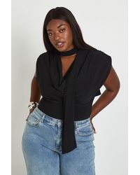 Boohoo - Plus Double Layer Slinky Scarf Detail Ruched Shoulder Bodysuit - Lyst
