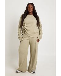 Boohoo - Plus Front Ruched Long Sleeve Top And Wide Leg Lounge Set - Lyst