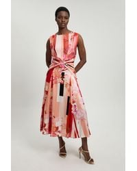 Karen Millen - Viscose Georgette Sleeveless Floral Print Woven Midi Dress - Lyst