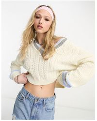 ASOS - V Neck Cropped Cable Jumper With Contrast Tipping - Lyst