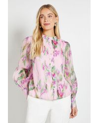 Wallis - Petite Floral Organza Collarless Shirt - Lyst