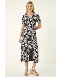 Roman - Floral Shirred Collared Midi Dress - Lyst