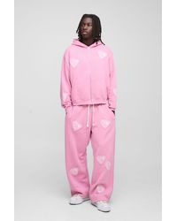 BoohooMAN - Oversized Boxy Zip Through And Extreme Wide Leg Hearts Applique Tracksuit - Lyst