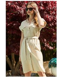 Sosandar - Natural Linen Short Sleeve Belted Shirt Dress - Lyst