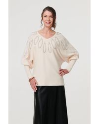 Izabel London - Cream Embellished Batwing Sleeve Jumper - Lyst