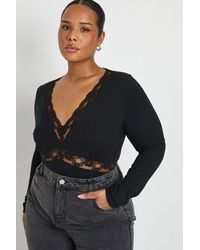 Boohoo - Plus Cotton Lace Trim Long Sleeve Bodysuit - Lyst