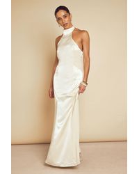 MissPap - High Neck Halter Panelled Satin Maxi Dress - Lyst