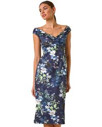 Roman - Floral Print Bardot Stretch Midi Dress - Lyst
