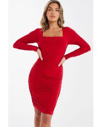 Quiz - Red Ruched Long Sleeve Knee Dress - Lyst