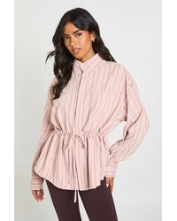 Boohoo - Stripe Cinched Waist Funnel Neck Shirt - Lyst