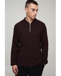 BoohooMAN - Regular Fit 1/4 Zip Rib Long Sleeve Knitted Polo - Lyst