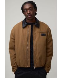 BoohooMAN - Oversized Boxy Contrast Pu Collar Twill Worker Jacket - Lyst