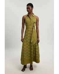 Karen Millen - Cutwork Cotton Halterneck Tie Detail Woven Midi Dress - Lyst