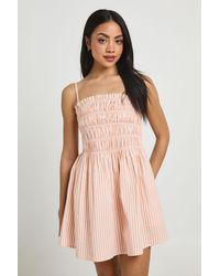 Boohoo - Stripe Cotton Poplin Shirred Bodice Mini Dress - Lyst