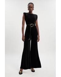 Karen Millen - Stretch Velvet Strong Shoulder Jumpsuit - Lyst