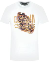 Class Roberto Cavalli - Slashed Tiger Print Bold Logo White T-shirt Cotton - Lyst