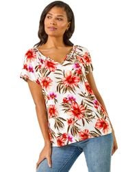Roman - Floral Print Notch Neck Stretch Top - Lyst