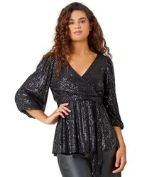 Roman - Embellished Sequin Stretch Wrap Top - Lyst