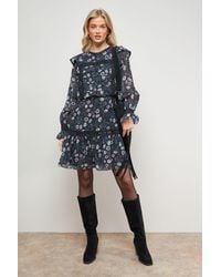 Oasis - Printed Lace Trim Pleat Detail Mini Dress - Lyst
