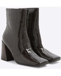 River Island - Boots Croc Texture Flared Block Heel Pu - Lyst