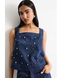 Warehouse - Hotfix Embellished Denim Square Neck Top - Lyst