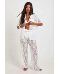 Boohoo - Lace Short Sleeve Beach Shirt And Wide Leg Trousers Co-Ord - Lyst