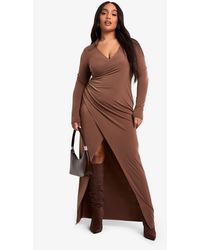 Boohoo - Plus Collared Wrap Ruched Waist Midaxi Dress - Lyst