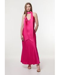 Karen Millen Drama Halter Pleat Insert Woven Maxi Dress in Red | Lyst UK