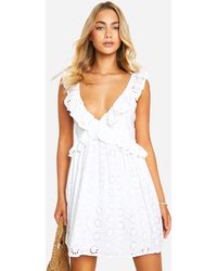 Boohoo - Broderie Ruffle Plunge Mini Dress - Lyst