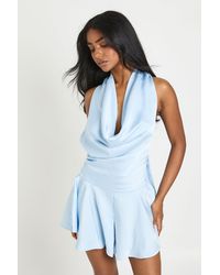 Boohoo - Satin Cowl Neck Flippy Short Playsuit - Lyst