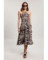 Karen Millen - Shirred Animal Print V Neck Trim Detail Woven Midi Dress - Lyst