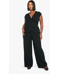 Boohoo - Plus Cap Sleeve Trim Detail Wrap Top And Wide Leg Trouser - Lyst