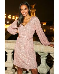 Sosandar - Rose Sequin V Neck Belted Shift Dress - Lyst