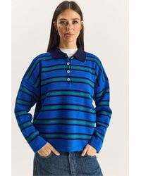 Bianco Lucci - Striped Polo Collar Button Sweater - Lyst