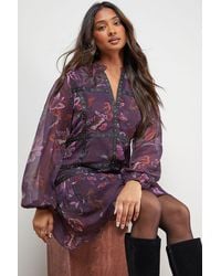 Oasis - Printed Embellished Trim Detail Chiffon Mini Dress - Lyst