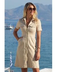 Sosandar - Ecru Short Sleeve Zip Front Denim Dress With Pockets - Lyst