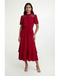 Wallis - Petite Lace Insert Ruffle Sleeve Midi Dress - Lyst