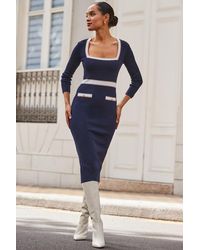 Sosandar - Contrast Trim Square Neck Knitted Dress - Lyst