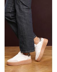 Where's That From - 'Yulia' Low Wedge Lace Up Trainer With Leopard Print Heel Detail Faux Leather - Lyst
