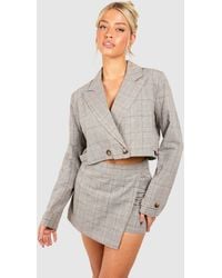 Boohoo - Linen Look Mini Check Boxy Crop Blazer - Lyst