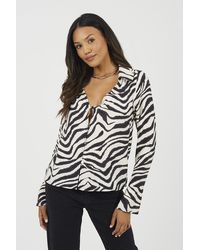 Brave Soul - Zebra Print Long Sleeve Collared Blouse - Lyst