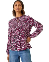 Roman - Printed Shirred Tie Neck Top - Lyst