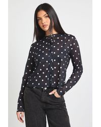 Boohoo - Polka Dot Print Mesh Button Through Top - Lyst