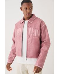 BoohooMAN - Boxy Tumble Pu Applique Harrington Jacket In Pink - Lyst