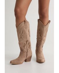 Boohoo - Faux Suede Cut Out Detail Knee High Western Boots - Lyst