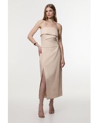 Karen Millen - Premium Linen Structured Pleated Bandeau Tailored Midi Pencil Dress - Lyst