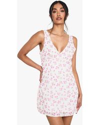 Boohoo - Floral Brodiere V Neck Shift Mini Dress - Lyst
