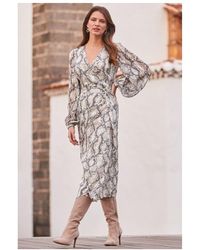 Sosandar - Snake Print Blouson Sleeve Wrap Midi Dress - Lyst