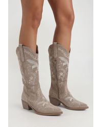 Boohoo - Faux Suede Embroidered Detail Calf High Western Boots - Lyst