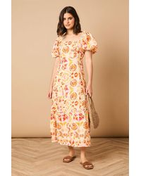 Oasis - Trim Detail Square Neck Puff Sleeve Midi Dress - Lyst